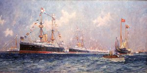 La revista durante el Jubileo de Diamante de la Reina Victoria (1819-1901) en Spithead (Inglaterra), 26 de junio de 1897. de Charles Edward Dixon