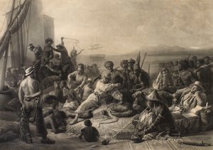 Escena en la costa de África": esclavos y amos esperan ser transportados al extranjero. de Charles Edward Wagstaff
