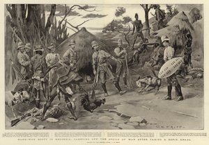 Botín duramente ganado en Rodesia, llevándose los despojos de guerra después de tomar un kraal de Kopje