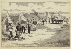 Bocetos de Sudáfrica, tropas hotentotes montando su campamento en el Peri Bush de Charles Edwin Fripp