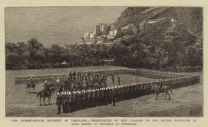 El Vigésimo Cuarto Regimiento en Isandlana, Presentación de Nuevos Colores al Segundo Batallón por Lord Napier de Magdala en Gibraltar de Charles Edwin Fripp