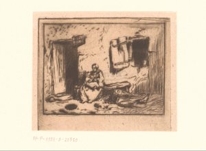 Mujer con niño en un banco contra una fachada de Charles Emile Jacque (attributed to)