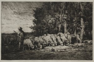 Un rebaño al borde de un bosque de Charles Emile Jacque