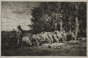 Un rebaño al borde de un bosque, 1880 de Charles Emile Jacque