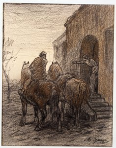 Granjero con dos caballos y mujer que indica el camino de Charles Emile Jacque