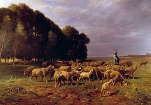 Rebaño de ovejas en un paisaje o “Pastor conduciendo un rebaño de ovejas en la llanura” de Charles Emile Jacque