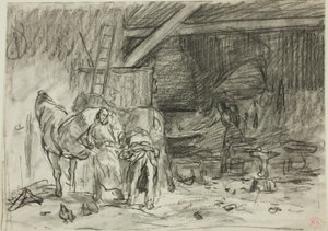 Interior de una herrería (anverso); Hombre agachado, visto desde la lectura (reverso) de Charles Emile Jacque