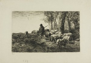 Hombre con rebaño de cerdos de Charles Emile Jacque
