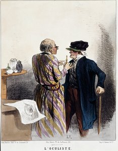 Serie "enfermos y doctores": el oculista. Caricatura de un médico durante una consulta médica de un paciente para sus ojos. Grabado de Charles Jacques de Charles Emile Jacque