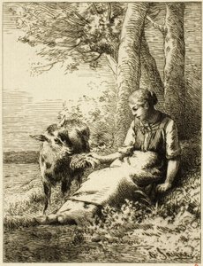 Pastor con rebaño de ovejas al borde del bosque de Charles Emile Jacque