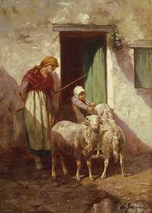 Pastora con un Niño y Dos Ovejas de Charles Emile Jacque