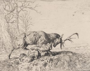 Ciervo Luchando con un Lobo, después de Antoine Louis Barye, 1846 de Charles Emile Jacque