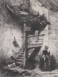 Escaleras y mujer batiendo, 1845 de Charles Emile Jacque