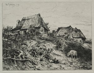 Dos cabañas en una orilla de Charles Emile Jacque