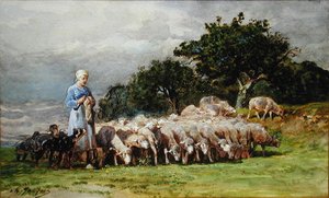 Una pastora con un rebaño de ovejas de Charles Emile Jacques