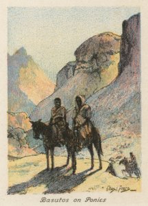 Sudáfrica: Basutos en Ponis (litografía en color)