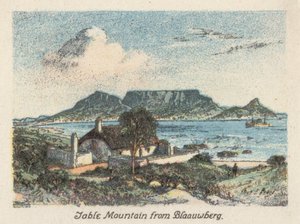 Sudáfrica: Montaña de la Mesa desde Blaauwberg (litografía en color)