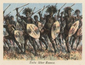 Sudáfrica: Danza de guerra zulú (litografía en color) de Charles Ernest Peers