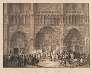 Banderas Tomadas en Austerlitz Recibidas en Notre Dame, principios del siglo XIX de Charles Etienne Pierre Motte