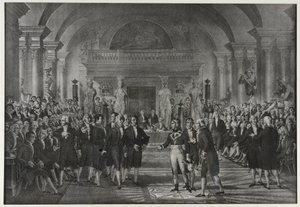 Recepción de Napoleón Bonaparte en el Instituto, clase de física y matemáticas, sección de artes mecánicas el 25 de diciembre de Charles Etienne Pierre Motte