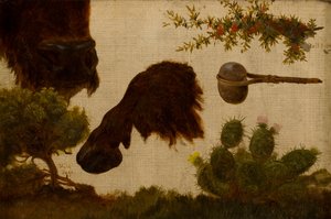 Estudio para “El búfalo herido”: salvia de la colina, cabeza y pezuña de búfalo, baya de toro, hacha de piedra y cactus…