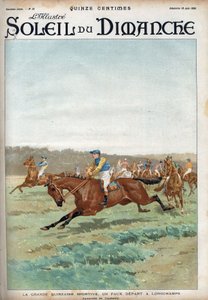 Carrera de caballos: "La gran forzaine deportiva: una falsa salida en el hipódromo de Longchamps". Acuarela de Condamy Grabado en "Le sun-du-dimanche", 18 de junio
