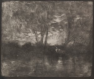 Vacas en un Abrevadero, impresión original 1862, impreso en 1921 de Charles Francois Daubigny