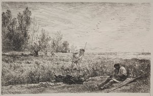 Haciendo heno, impresión original 1862, impreso en 1921 de Charles Francois Daubigny
