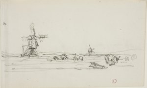 Paisaje en Holanda (anverso); Boceto de molinos de viento junto al agua (reverso) de Charles Francois Daubigny
