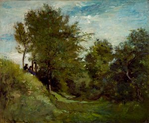 Paisaje con figuras sentadas en un banco, finales de 1870s de Charles Francois Daubigny
