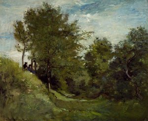 Paisaje con figuras sentadas en un banco, finales de 1870