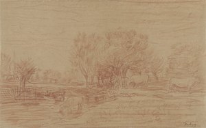 Paisaje con vacas pastando y bebiendo y un toro mirando de Charles Francois Daubigny