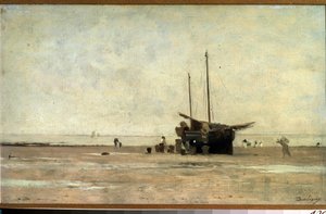 ""Seascape"" Un velero en la arena durante la marea baja. Pintura de Charles Francois Daubigny (1817-1878) 1868-1872 Museo Pushkin, Moscú de Charles Francois Daubigny