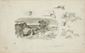 Bocetos: Entorno rocoso y conejos de Charles Francois Daubigny