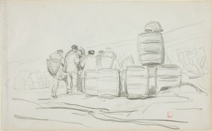 Estudio de un grupo de personas con barriles (anverso); dos estudios de una mujer espigando (reverso) de Charles Francois Daubigny