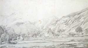 Vista de Edificios en un Recinto Amurallado con Montañas al Fondo de Charles Francois Daubigny