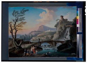 Un paisaje fluvial con pescadores arrastrando sus redes, un paisaje rocoso y una pasarela más allá de Charles François Grenier de Lacroix