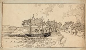 Un velero en la playa con marea baja, junto a un camino que sube hacia un pueblo de Charles George Harper