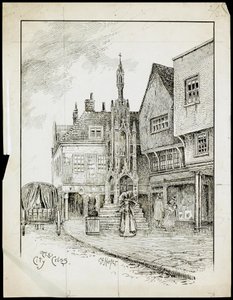 Vista desde el noroeste de Butter Cross, High Street, Winchester, Hampshire (pluma y tinta sobre papel) de Charles George Harper