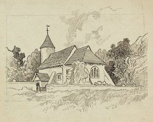 Vista exterior de una iglesia no identificada (pluma y tinta sobre papel) de Charles George Harper