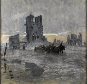 Transportes tirados por caballos, posiblemente un tren de artillería, pasando por las ruinas de Cloth Hall, Ypres de Charles Gilbert Holiday