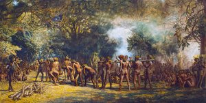 Festín caníbal en la isla de Tanna, Vanuatu c.1887 (óleo sobre lienzo) de Charles Gordon Frazer