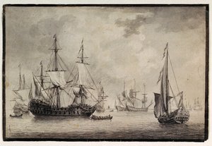 Barco de guerra holandés, yate estatal y embarcaciones lejanas en un puerto, finales del siglo XVIII (pluma, tinta) de Charles Gore