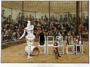 Los perros sabios: escena de circo con payaso y perros - después de Charles Green, cromo inglés 1885 de Charles Green