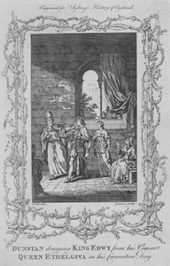 Dunstan arrastrando al Rey Edwy de su consorte la Reina Ethelgiva en su día de coronación, 1773