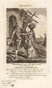 Miss Ann Brown y Mr. George Mattocks en los personajes de Miranda y Ferdinand en una versión operática de La Tempestad de William Shakespeare, Teatro Covent Garden de Charles Grignion