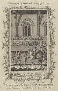 Sir John Dimmock Realizando la Ceremonia del Desafío del Campeón en la Coronación de Ricardo II en Westminster Hall, 1377