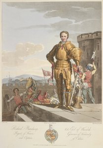 Richard Beauchamp (1381-1439) Conde de Warwick, Anno 1439, ilustración de "The Costume of the original inhabitants of the British Islands from the earliest periods to the sixth century..." de Sir Samuel Rush Meyrick y C.H. Smith, publicado en 1815 (color