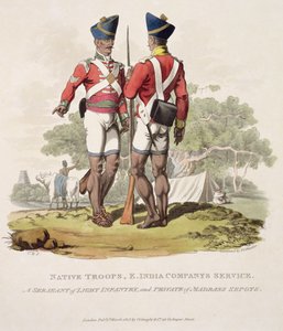 Tropas nativas al servicio de la Compañía de las Indias Orientales: un sargento de infantería ligera y un soldado de los cipayos de Madrás, grabado por Joseph Constantine Stadler, 1815 (aguafuerte) de Charles Hamilton Smith