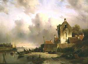 Un estuario con pescadores junto a un muelle de Charles Henri Joseph Lieckert